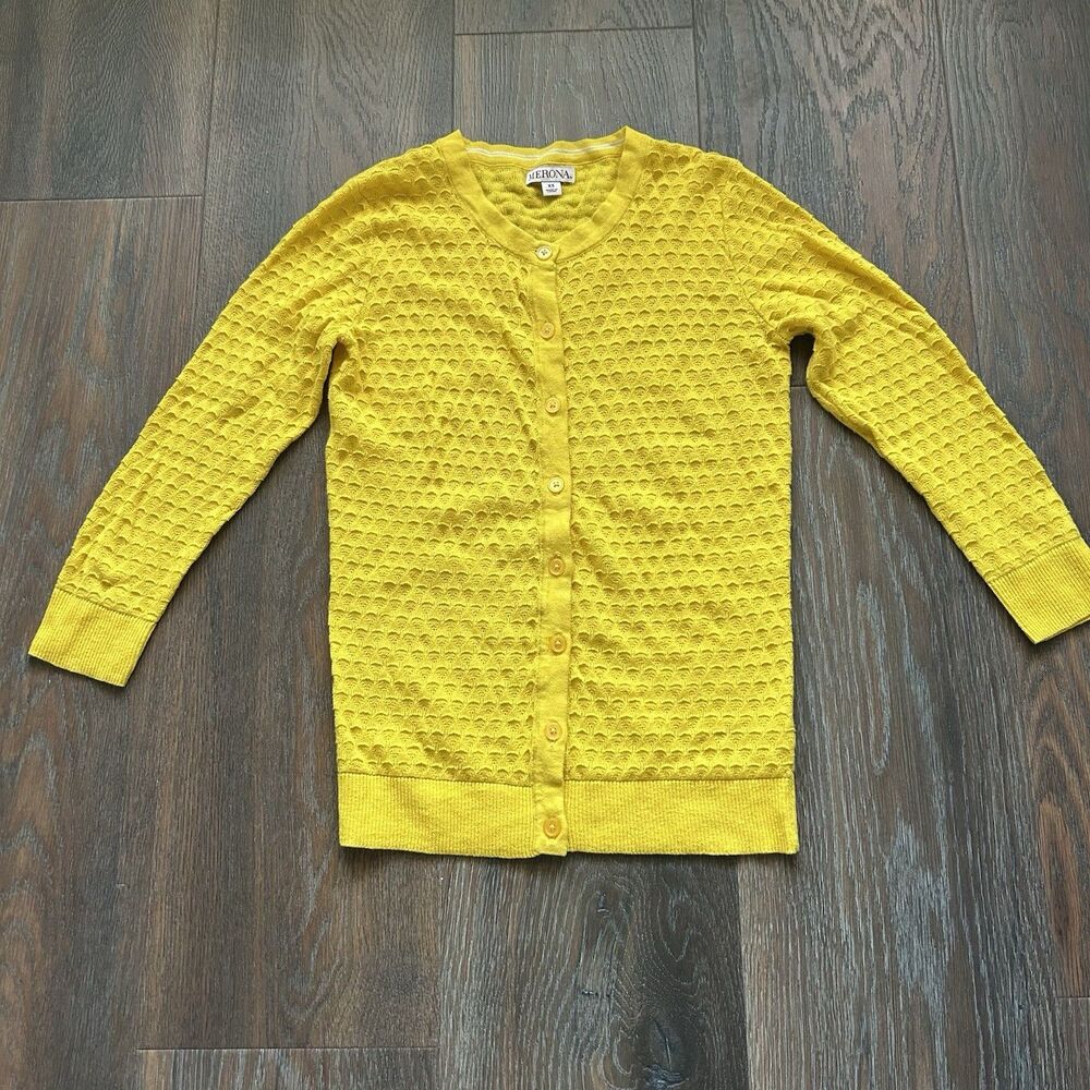 VTG Merona Yellow Knit Cardigan 100% Cotton Womens XS Sweater 3/4 Sleeve